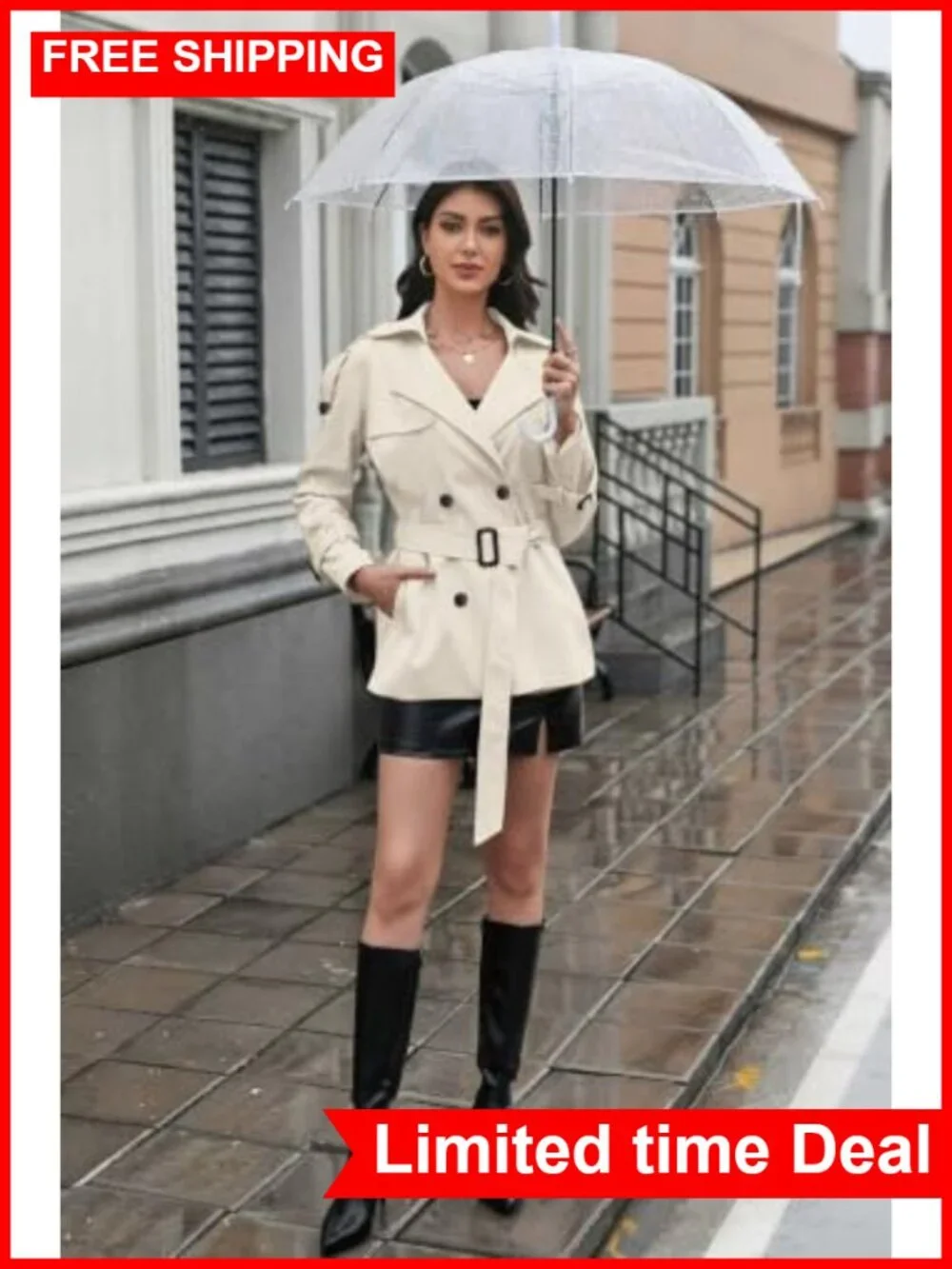 Water-Repellent Double Breasted Belted Short Trench Coat